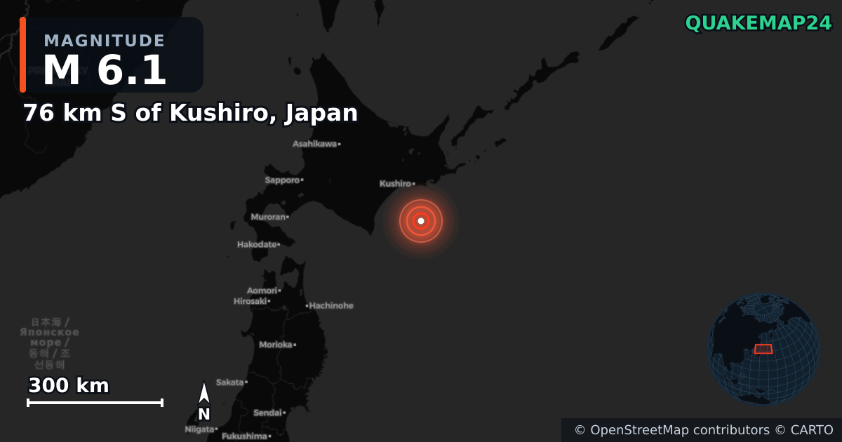 M6.1 earthquake near 76 km S of Kushiro, Japan on May 31, 2025 — map of epicenter and shaking intensity | QuakeMap24