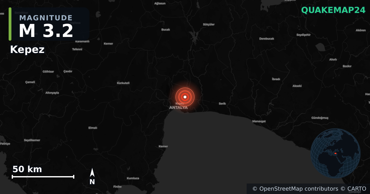 M3.2 earthquake near Kepez on Nov 13, 2025 — map of epicenter and shaking intensity | QuakeMap24