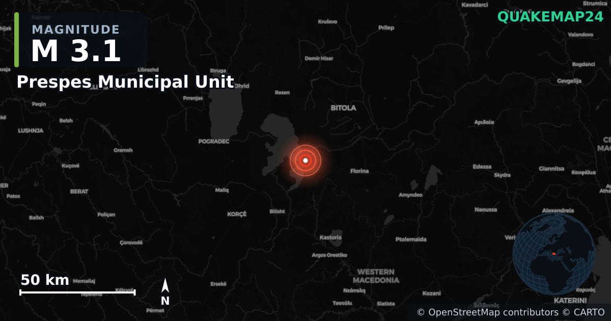 Terremoto de M3,1 cerca de Prespes Municipal Unit, Western Macedonia (Grecia) · 2026-09-24 — Mapa de la ubicación del epicentro