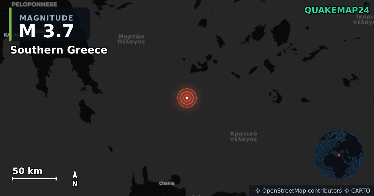 M3.7 Earthquake near Southern Greece · 2026-04-08 — Map showing the location of the epicenter
