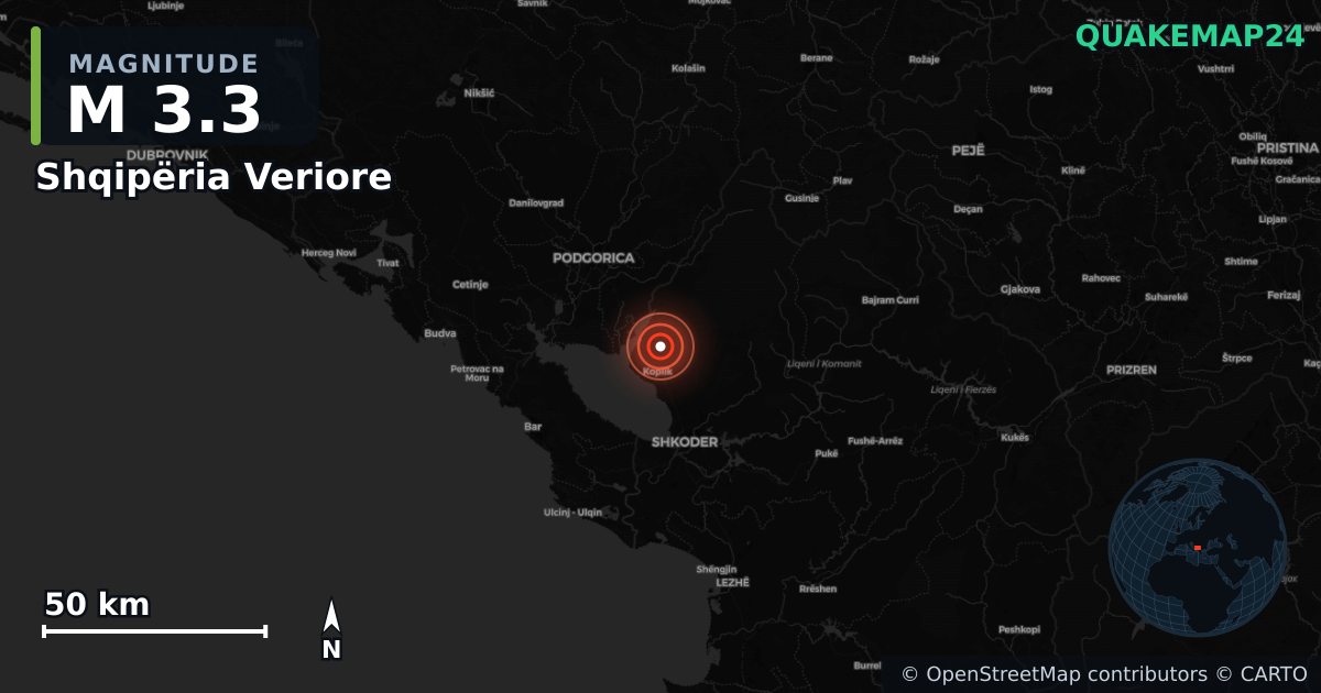 M3.3 earthquake near Shqipëria Veriore on Oct 11, 2025 — map of epicenter and shaking intensity | QuakeMap24