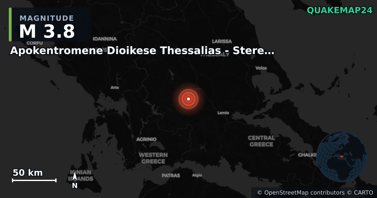 M3.8 earthquake near Apokentromene Dioikese Thessalias - Stereas Ellados on Jul 20, 2025 — map of epicenter and shaking intensity | QuakeMap24