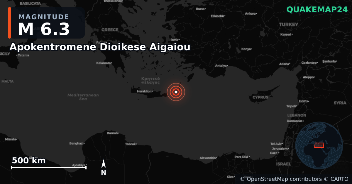 M6.3 earthquake near Apokentromene Dioikese Aigaiou on May 13, 2025 — map of epicenter and shaking intensity | QuakeMap24