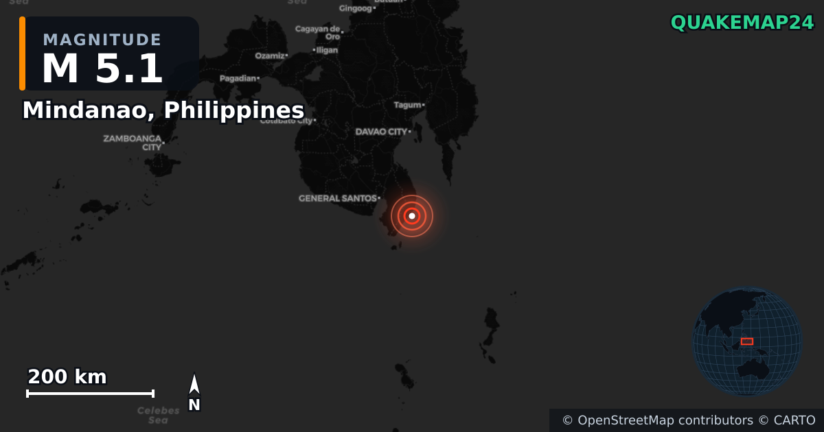 Σεισμός M5,1 κοντά στο Mindanao, Philippines — Χάρτης της θέσης του επικέντρου