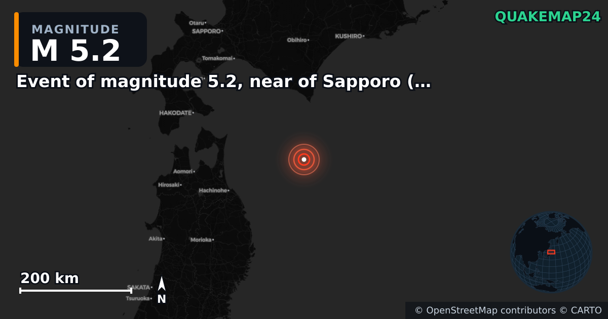 M5.2 earthquake near Event of magnitude 5.2, near of Sapporo (Monde) on Mar 15, 2026 — map of epicenter and shaking intensity | QuakeMap24