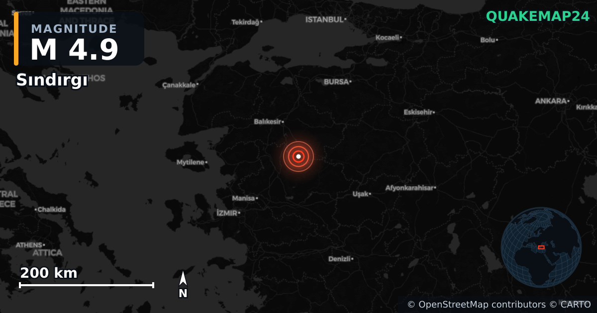 M4.9 earthquake near Sındırgı on Sep 7, 2025 — map of epicenter and shaking intensity | QuakeMap24