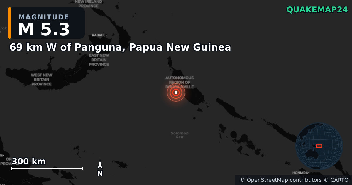 M5.3 earthquake near 69 km W of Panguna, Papua New Guinea on Dec 10, 2025 — map of epicenter and shaking intensity | QuakeMap24
