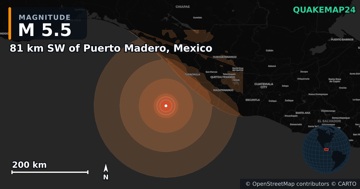 M5.5 earthquake near 81 km SW of Puerto Madero, Mexico on Jul 19, 2026 — map of epicenter and shaking intensity | QuakeMap24