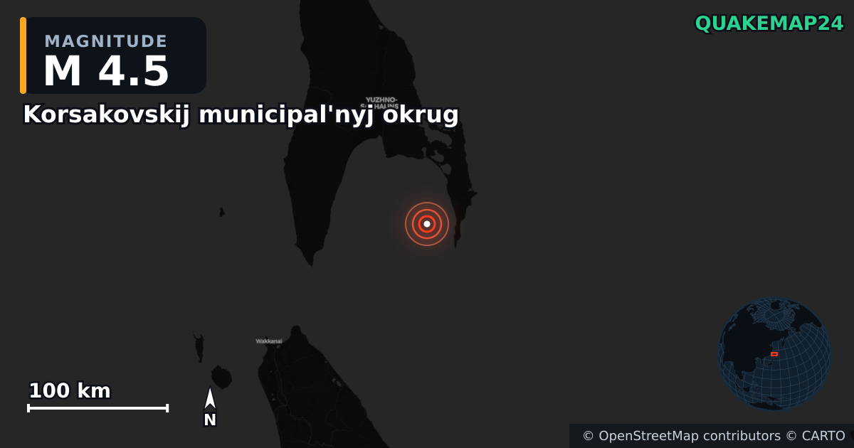 M4.5 earthquake near Korsakovskij municipal'nyj okrug on Jan 15, 2026 — map of epicenter and shaking intensity | QuakeMap24