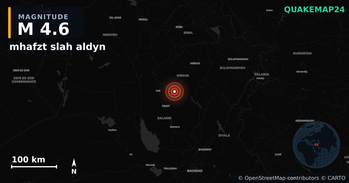 M4.6 earthquake near mhafzt slah aldyn on Nov 22, 2025 — map of epicenter and shaking intensity | QuakeMap24