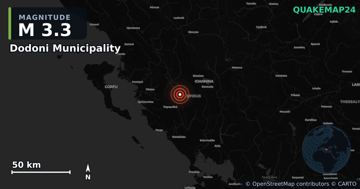 M3.3 earthquake near Dodoni Municipality on Apr 9, 2026 — map of epicenter and shaking intensity | QuakeMap24