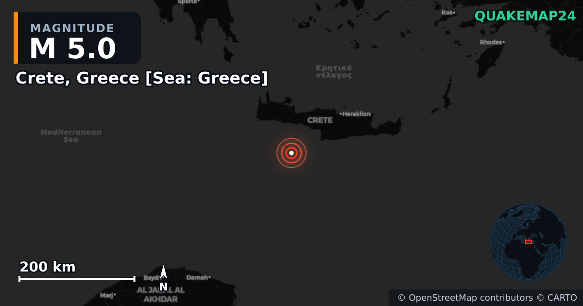 M5.0 earthquake near Crete, Greece [Sea: Greece] on Jun 20, 2026 — map of epicenter and shaking intensity | QuakeMap24
