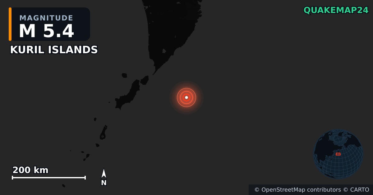M5.4 earthquake near KURIL ISLANDS on Jul 30, 2025 — map of epicenter and shaking intensity | QuakeMap24