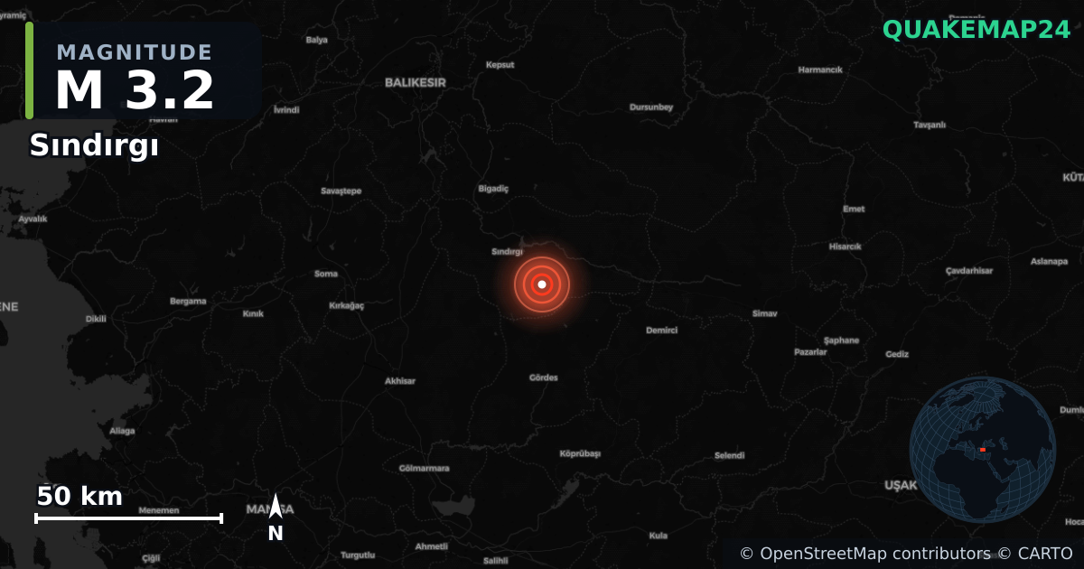 M3.2 earthquake near Sındırgı on Jan 21, 2026 — map of epicenter and shaking intensity | QuakeMap24