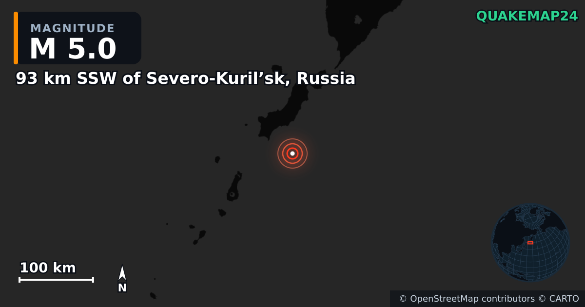 M5.0 earthquake near 93 km SSW of Severo-Kuril’sk, Russia on Aug 18, 2025 — map of epicenter and shaking intensity | QuakeMap24