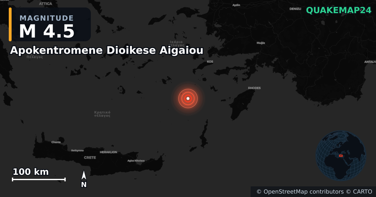 M4.5 earthquake near Apokentromene Dioikese Aigaiou on Aug 13, 2025 — map of epicenter and shaking intensity | QuakeMap24