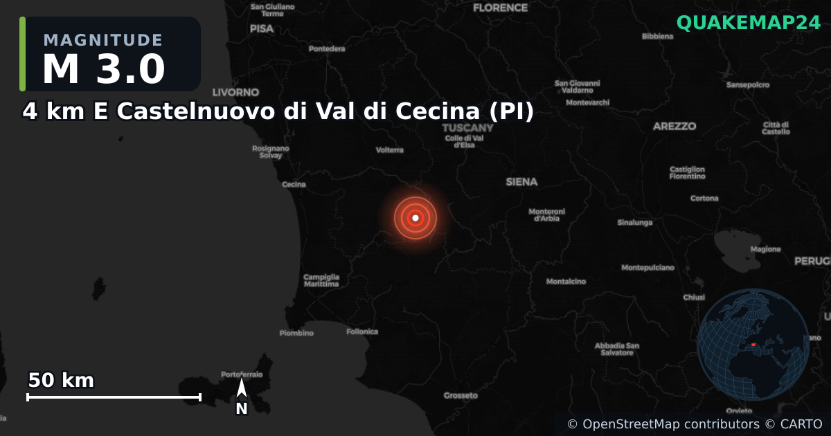 M3.0 earthquake near 4 km E Castelnuovo di Val di Cecina (PI) on Apr 6, 2026 — map of epicenter and shaking intensity | QuakeMap24