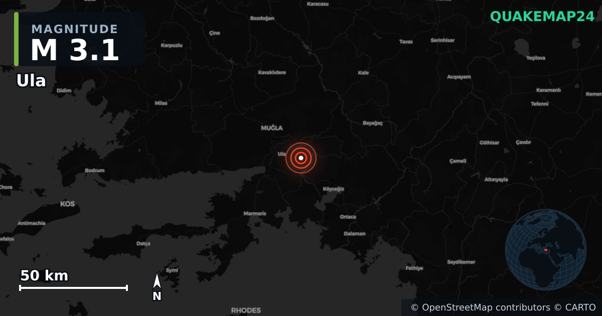 Sismo de M3,1 perto de Ula, Muğla (Turquia) · 2026-06-14 — Mapa da localização do epicentro