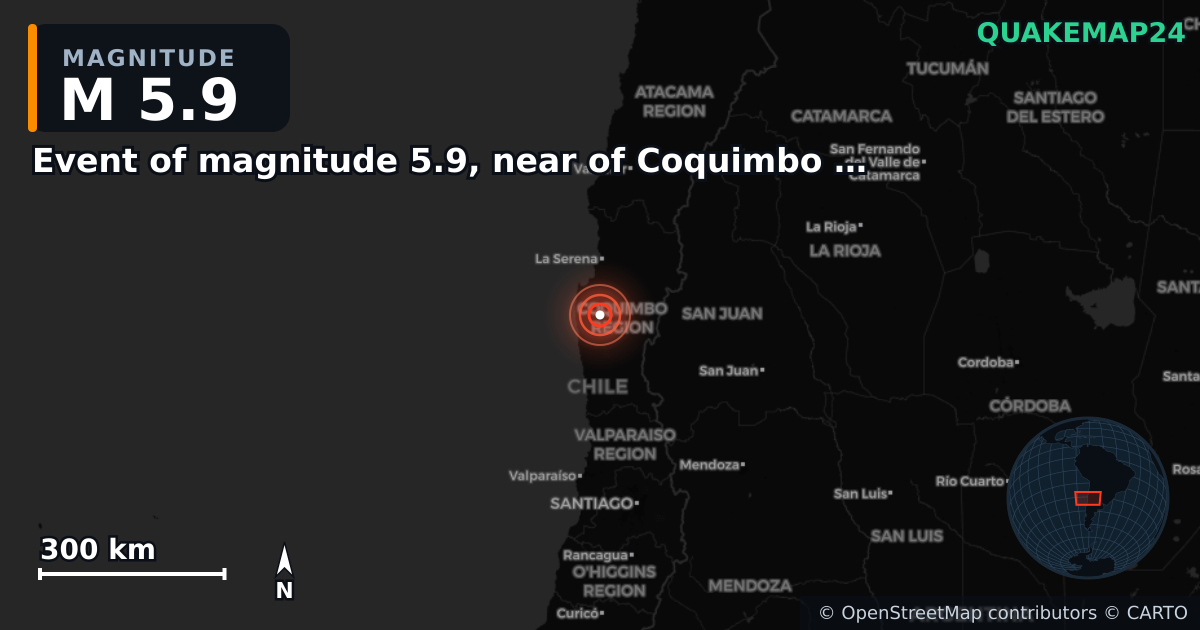 M5.9 earthquake near Event of magnitude 5.9, near of Coquimbo (Monde) on Feb 12, 2026 — map of epicenter and shaking intensity | QuakeMap24