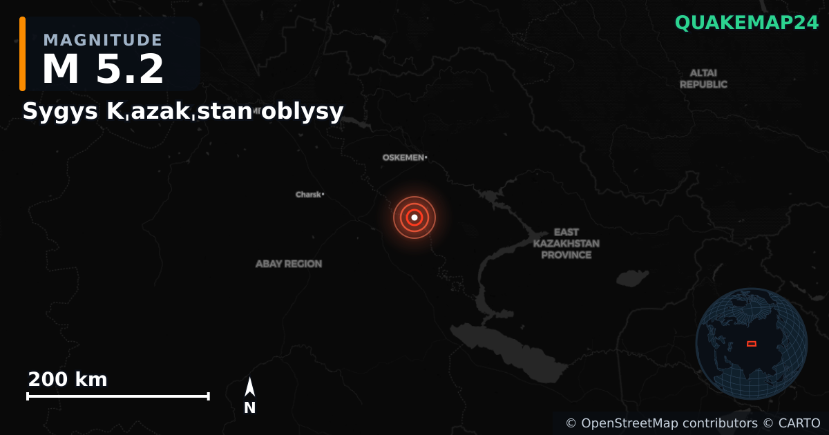 M5.2 earthquake near Sygys Kˌazakˌstan oblysy on Jul 23, 2025 — map of epicenter and shaking intensity | QuakeMap24
