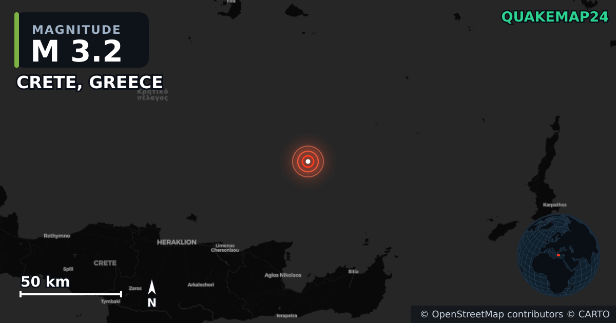 M3.2 earthquake near CRETE, GREECE on May 31, 2025 — map of epicenter and shaking intensity | QuakeMap24