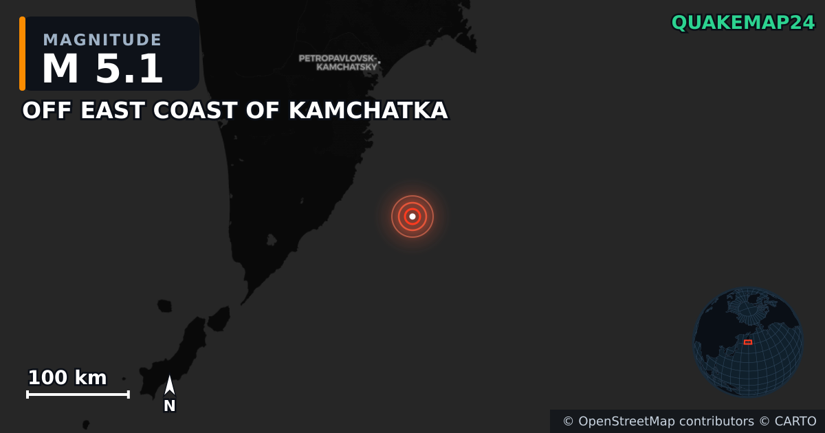 M5.1 earthquake near OFF EAST COAST OF KAMCHATKA on Jul 30, 2025 — map of epicenter and shaking intensity | QuakeMap24