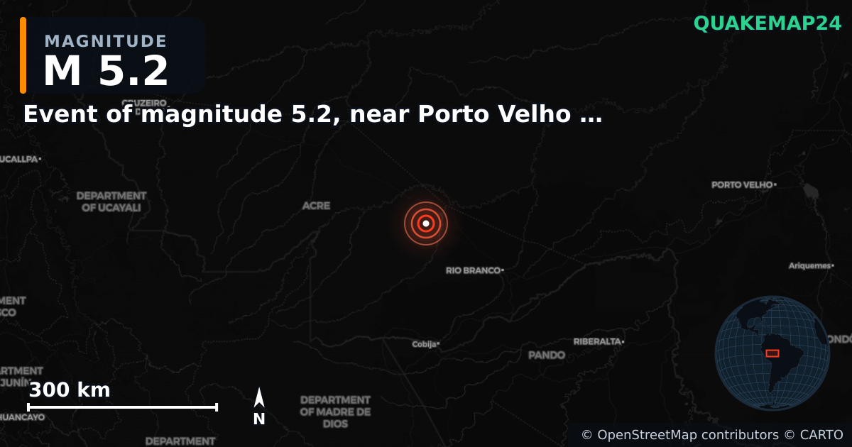 Erdbeben M5,2 bei Event of magnitude 5.2, near Porto Velho (Monde) — Karte der Lage des Epizentrums