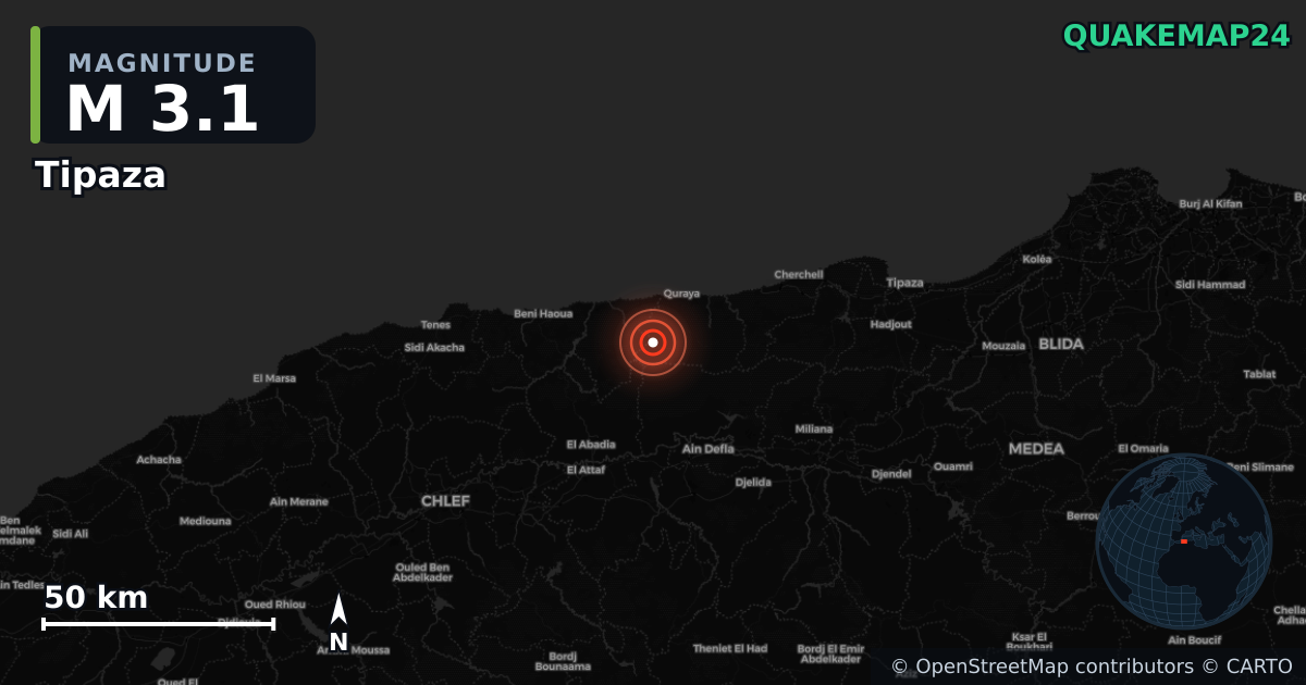 M3.1 earthquake near Tipaza on Jun 6, 2025 — map of epicenter and shaking intensity | QuakeMap24