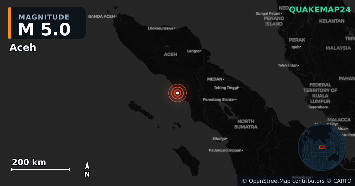 M5.0 earthquake near Aceh on Jul 11, 2025 — map of epicenter and shaking intensity | QuakeMap24