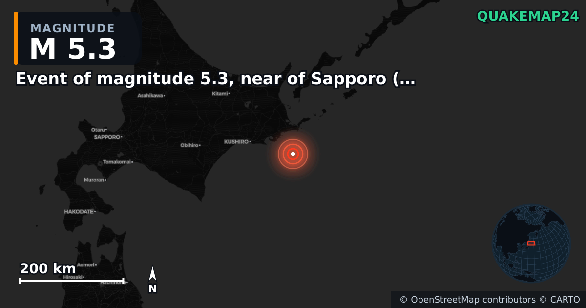 M5.3 earthquake near Event of magnitude 5.3, near of Sapporo (Monde) on Jan 14, 2026 — map of epicenter and shaking intensity | QuakeMap24
