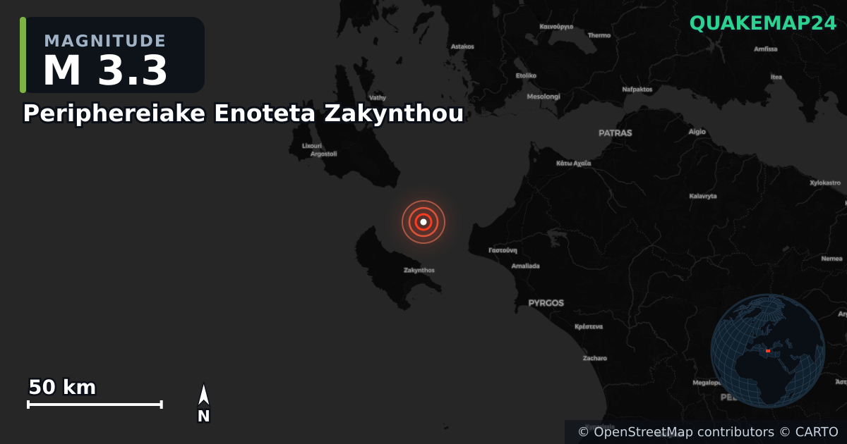 Sismo de M3,3 perto de Periphereiake Enoteta Zakynthou, Periphereia Ionion Neson (Grécia) · 2026-03-19 — Mapa da localização do epicentro