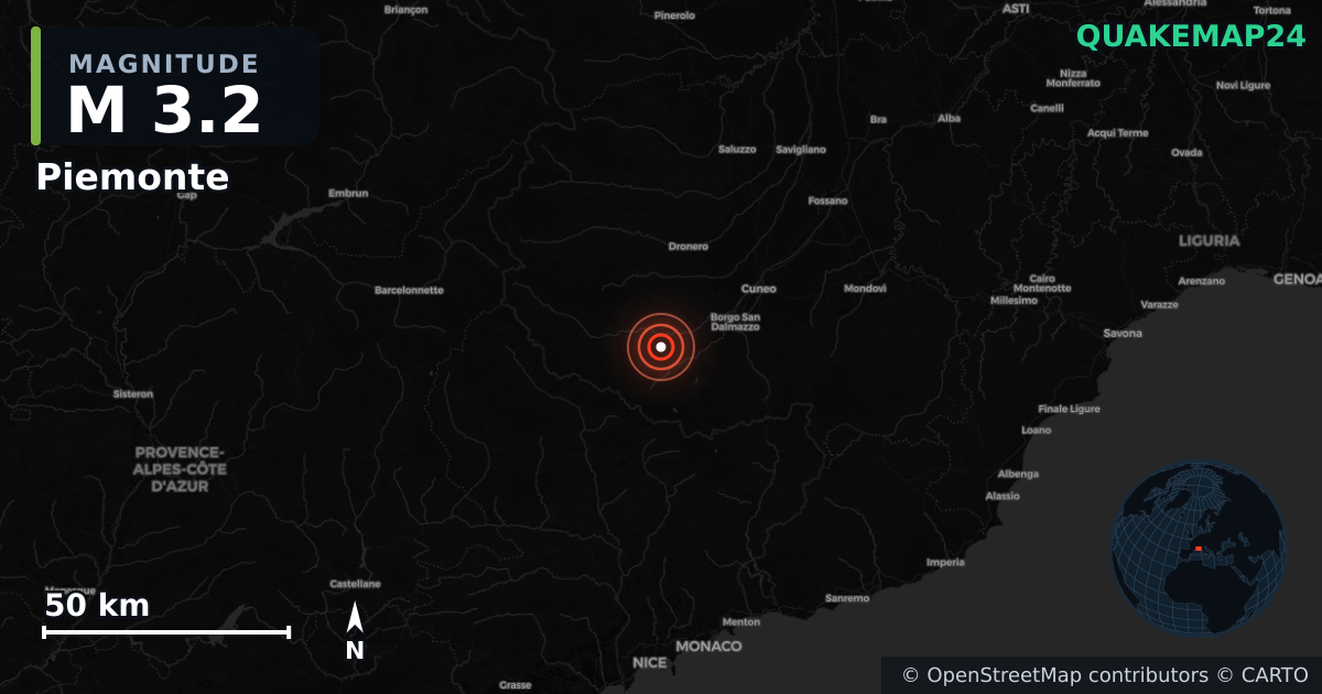 M3.2 earthquake near Piemonte on Oct 10, 2025 — map of epicenter and shaking intensity | QuakeMap24