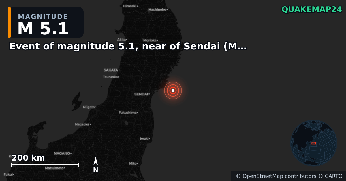 Erdbeben M5,1 bei Event of magnitude 5.1, near of Sendai (Monde) — Karte der Lage des Epizentrums