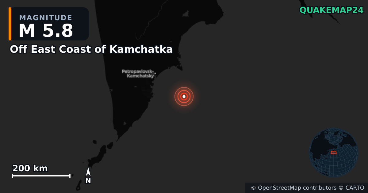 M5.8 earthquake near Off East Coast of Kamchatka on Aug 24, 2025 — map of epicenter and shaking intensity | QuakeMap24