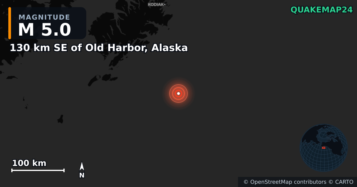 M5.0 earthquake near 130 km SE of Old Harbor, Alaska on Sep 1, 2025 — map of epicenter and shaking intensity | QuakeMap24
