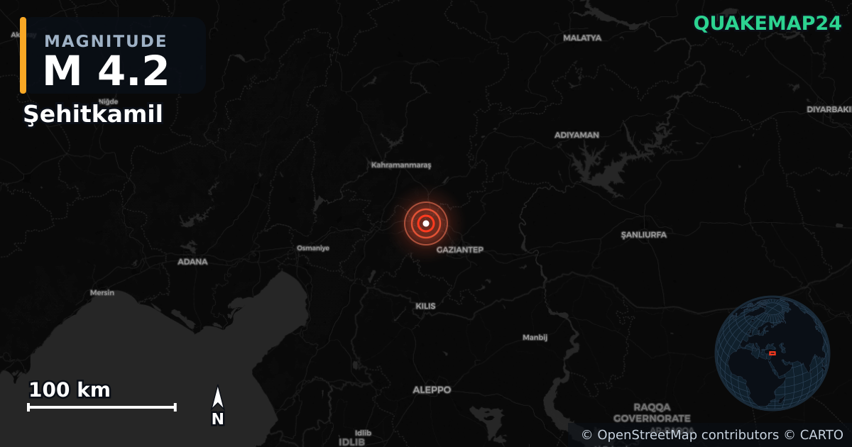 M4.2 earthquake near Şehitkamil on Jul 14, 2026 — map of epicenter and shaking intensity | QuakeMap24
