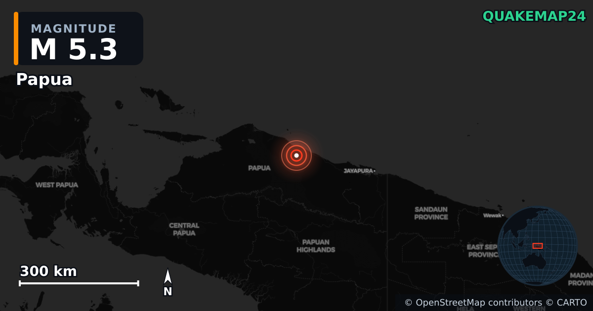 M5.3 earthquake near Papua on Aug 12, 2025 — map of epicenter and shaking intensity | QuakeMap24