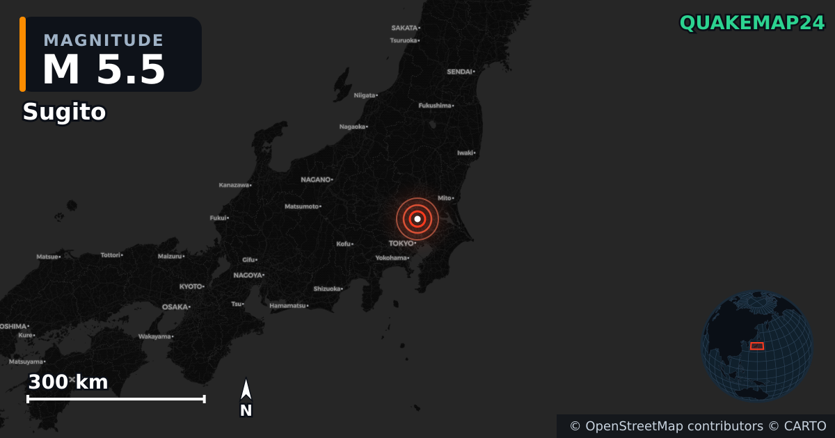 M5.5 earthquake near Sugito on Jun 16, 2026 — map of epicenter and shaking intensity | QuakeMap24
