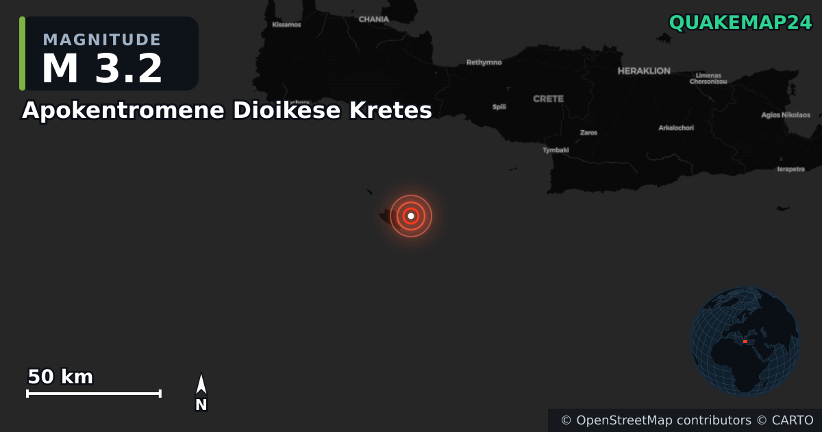 M3.2 earthquake near Apokentromene Dioikese Kretes on Jun 19, 2025 — map of epicenter and shaking intensity | QuakeMap24