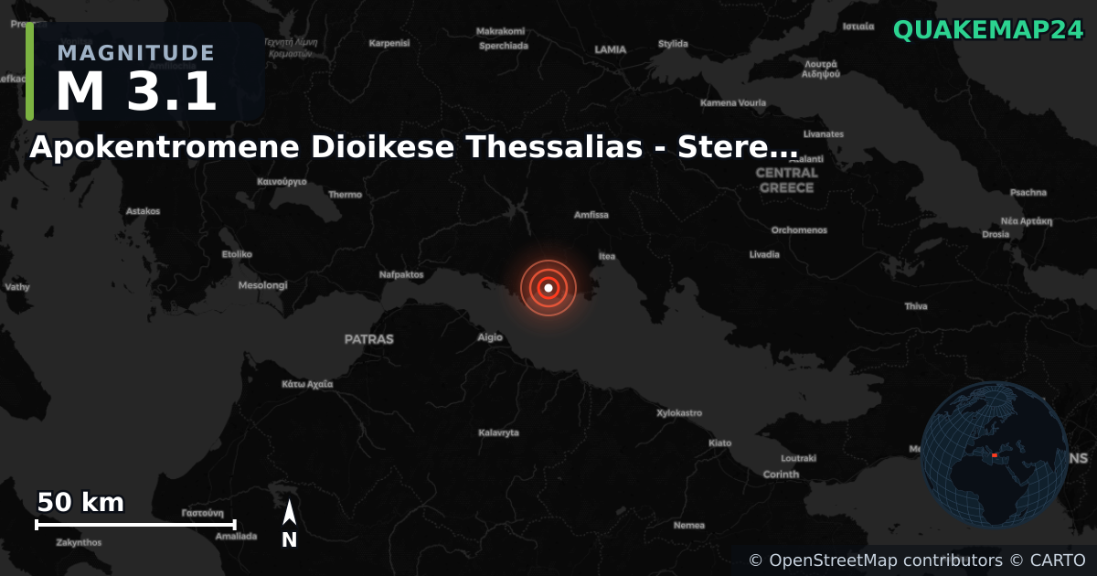 M3.1 earthquake near Apokentromene Dioikese Thessalias - Stereas Ellados on Jun 24, 2025 — map of epicenter and shaking intensity | QuakeMap24