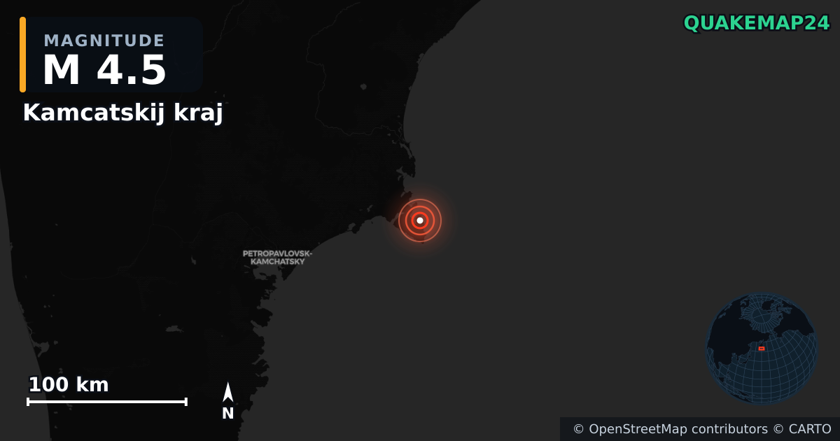 M4.5 earthquake near Kamcatskij kraj on Oct 5, 2025 — map of epicenter and shaking intensity | QuakeMap24