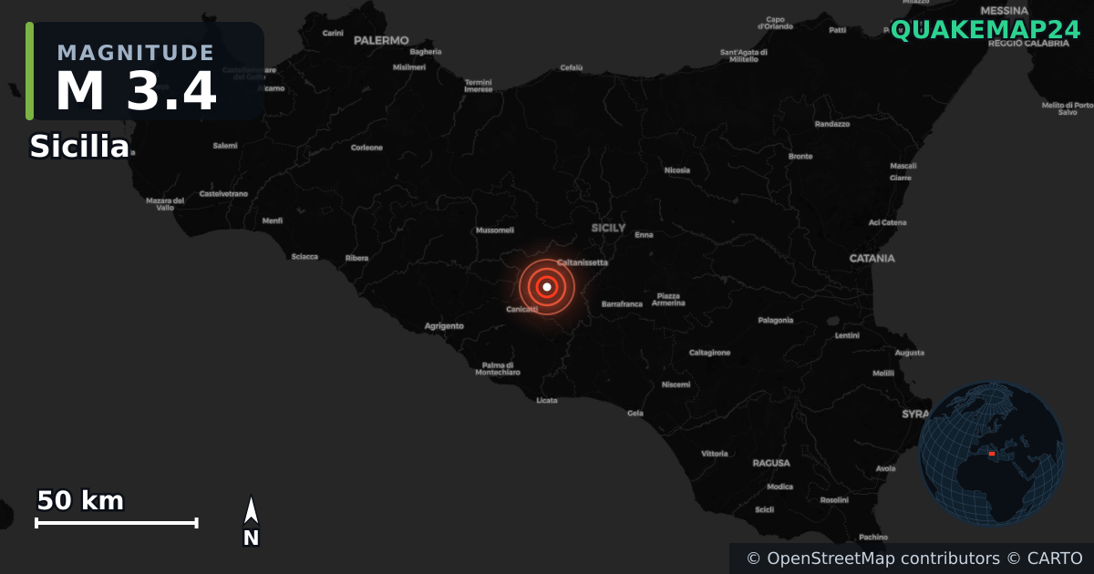 M3.4 earthquake near Sicilia on Oct 14, 2025 — map of epicenter and shaking intensity | QuakeMap24