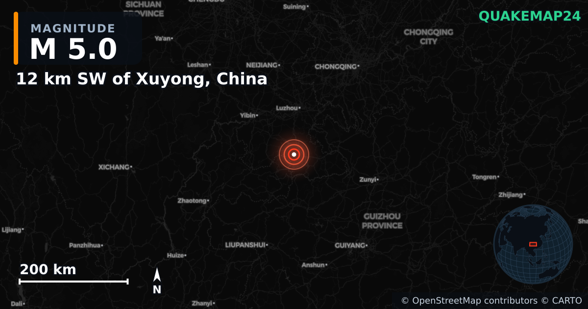 M5.0 earthquake near 12 km SW of Xuyong, China on Mar 24, 2025 — map of epicenter and shaking intensity | QuakeMap24