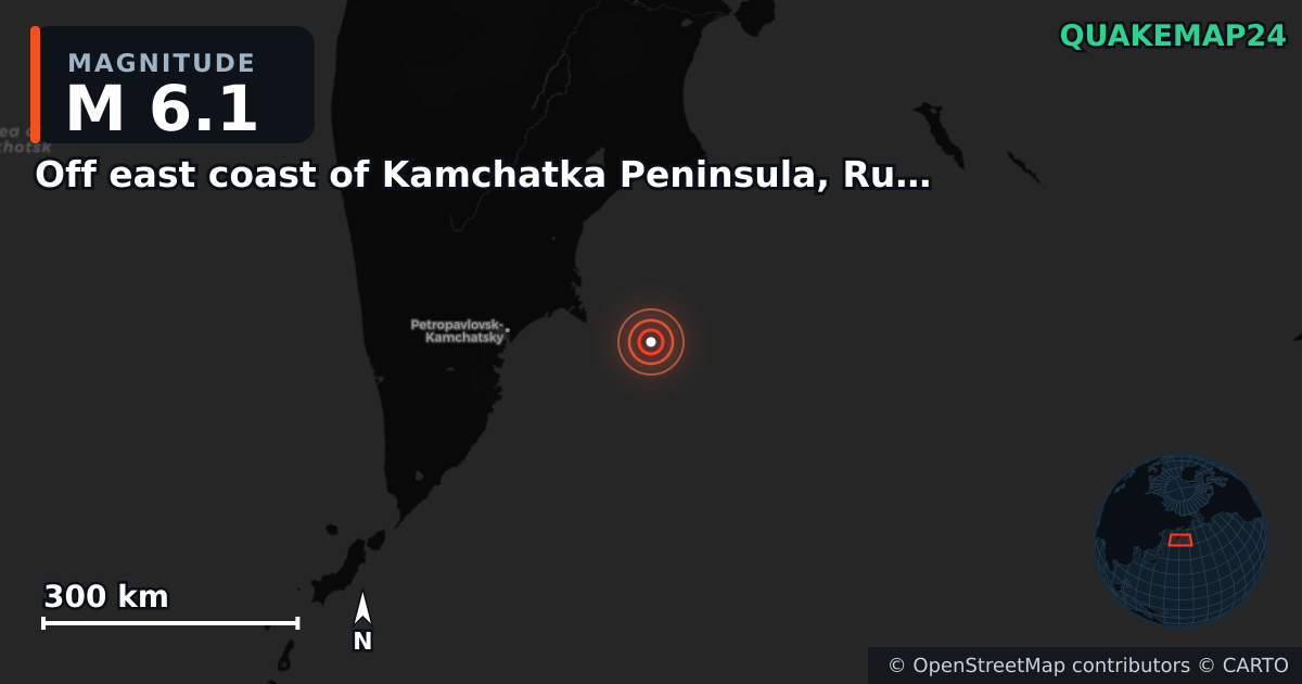 M6.1 earthquake near Off east coast of Kamchatka Peninsula, Russia [Sea: Russia] on Sep 19, 2025 — map of epicenter and shaking intensity | QuakeMap24