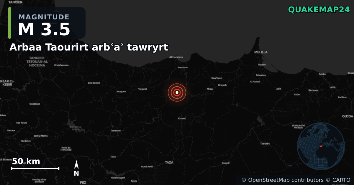 M3.5 earthquake near Arbaa Taourirt arbʿaʾ tawryrt on Feb 7, 2026 — map of epicenter and shaking intensity | QuakeMap24