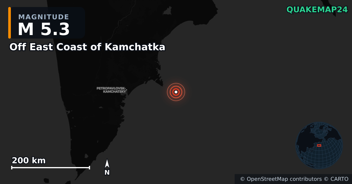 M5.3 earthquake near Off East Coast of Kamchatka on Sep 19, 2025 — map of epicenter and shaking intensity | QuakeMap24
