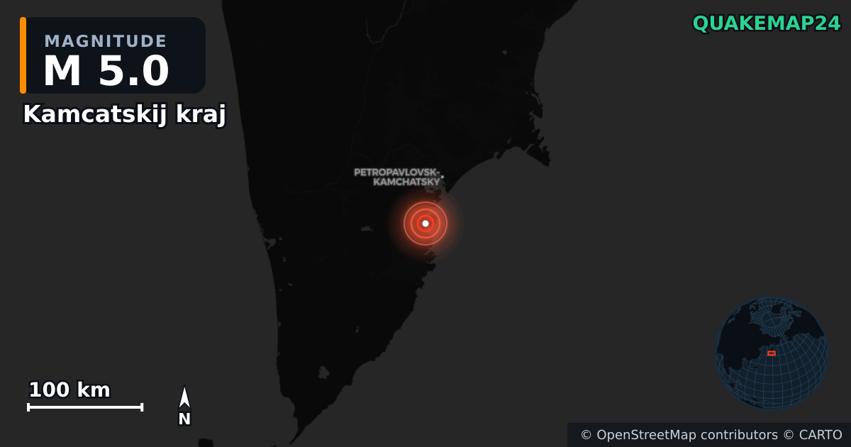 M5.0 earthquake near Kamcatskij kraj on Sep 7, 2025 — map of epicenter and shaking intensity | QuakeMap24