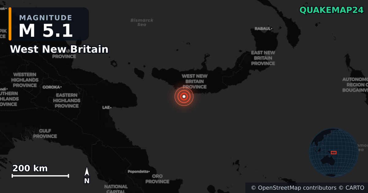 M5.1 earthquake near West New Britain on Aug 17, 2026 — map of epicenter and shaking intensity | QuakeMap24