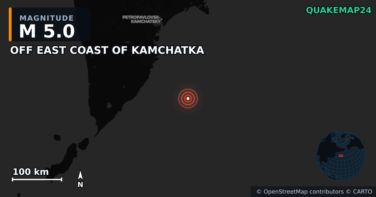 M5.0 earthquake near OFF EAST COAST OF KAMCHATKA on Jul 31, 2025 — map of epicenter and shaking intensity | QuakeMap24