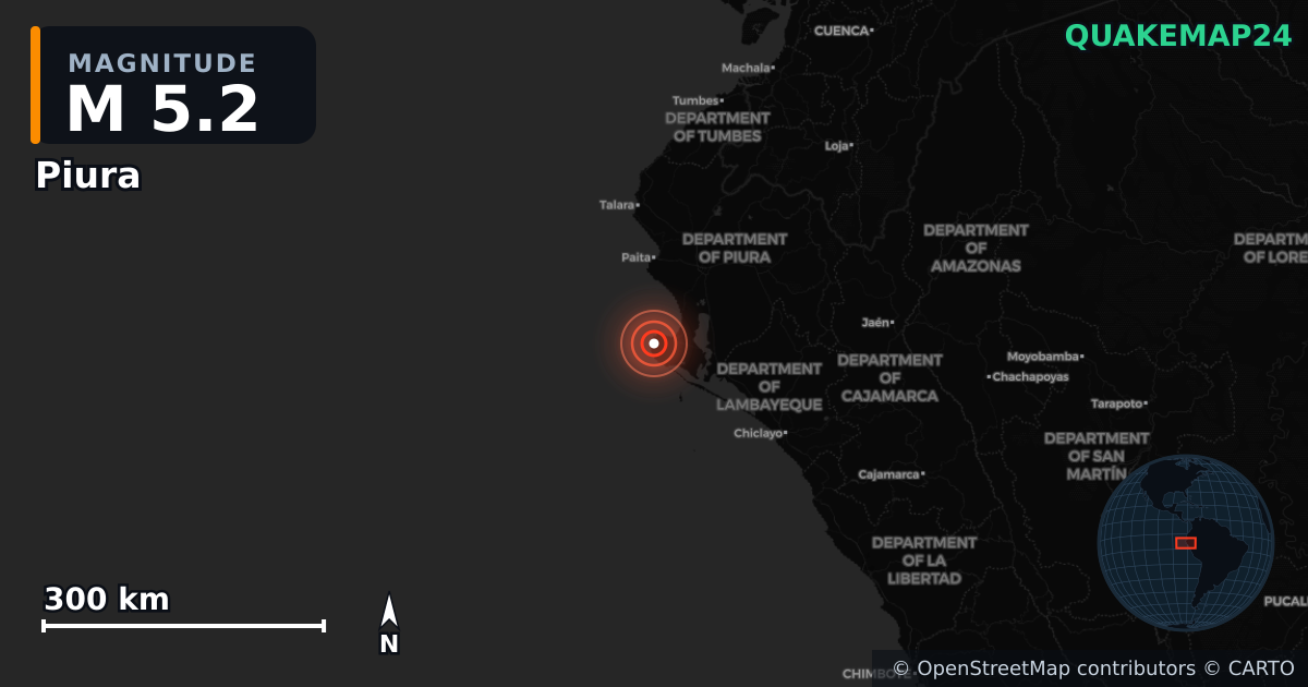 M5.2 earthquake near Piura on May 14, 2025 — map of epicenter and shaking intensity | QuakeMap24